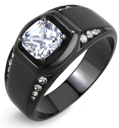 TK3467 - IP Black(Ion Plating) Stainless Steel Ring with AAA Grade CZ