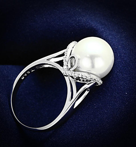 TS154 - Rhodium 925 Sterling Silver Ring with Synthetic Pearl in White