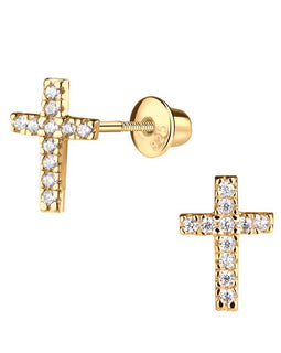 14K Gold-Plated Cross CZ Earrings Baptism or Communion Gift