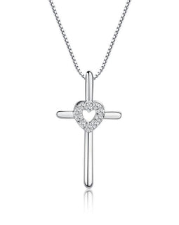 Sterling Silver Girls Cross Necklace CZ Heart